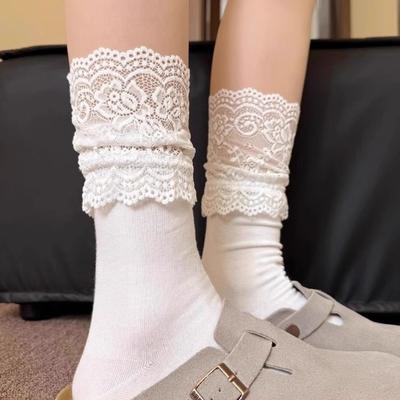 Socks Women'S Medium Stockings Pure Cotton Lace Lace Boots Socks Jk Stockings Autumn And Winter Knee Socks White Medium Tube Socks