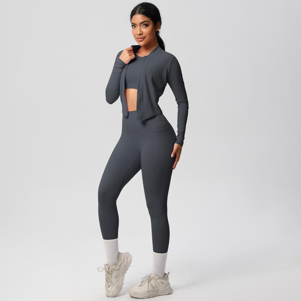 High Waisted, Hip Lifting, Tight Fitting, Quick Drying Yoga Suit Set, Cloud Inspired Running And Fitness Sportswear Three Piece Set For Women