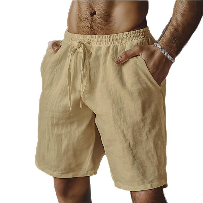 New cotton and linen shorts, drawstring elastic waist straight legs, solid color breathable daily beach five-point casual pants
