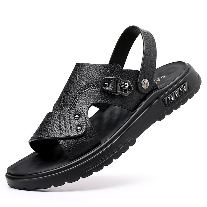 

Mens Sandals Non Slip Genuine Leather Lightweight Casual Summer Shoes for Men Plus Size Thick Sole Black Beach Slippers Men 44 чорний