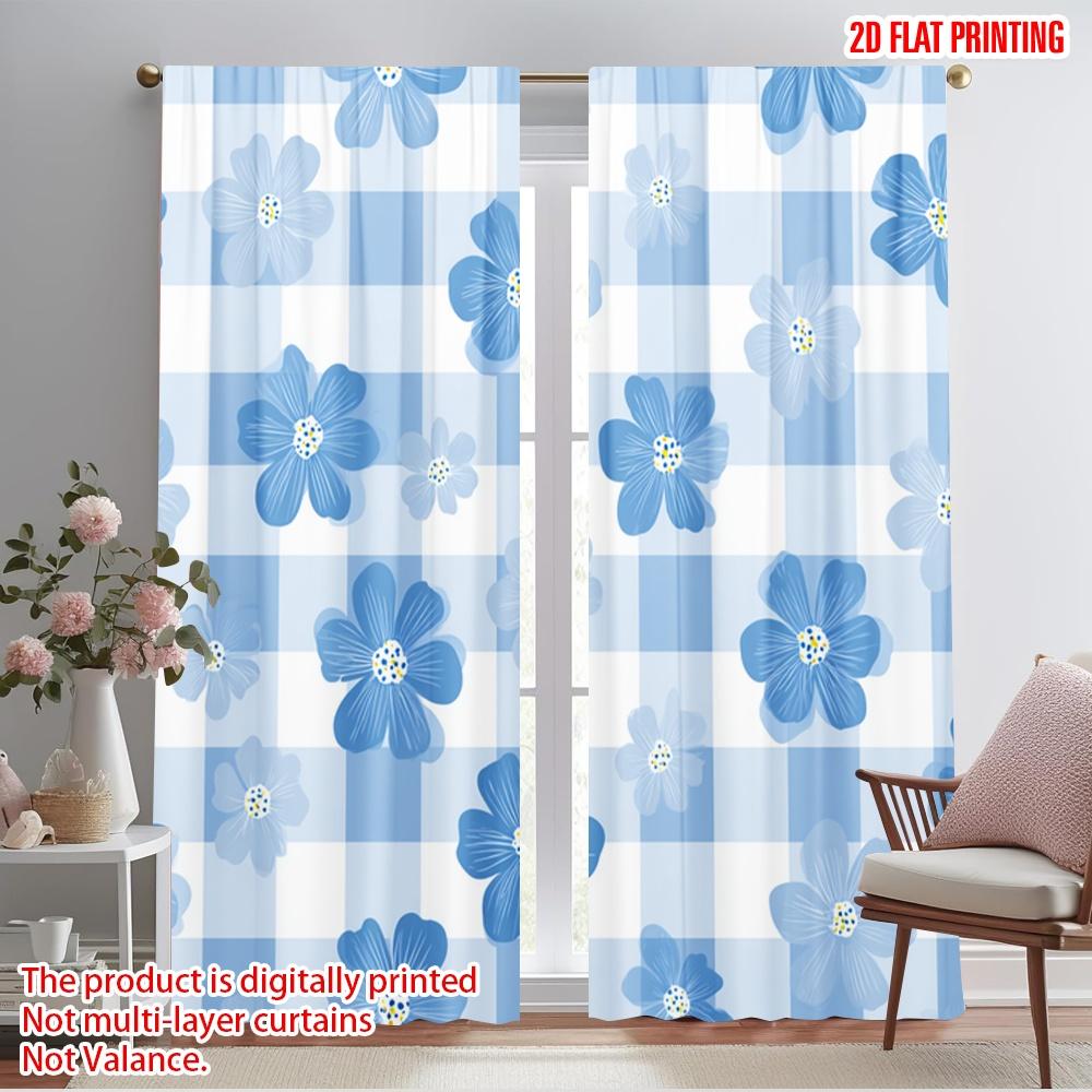 

2pcs,2D plane printing Popular Curtains Blue Floral Gingham Polyester (without rod) Gifts for Bedroom, Living Room, Office Decor 52.50×116.00 CM 2pcs