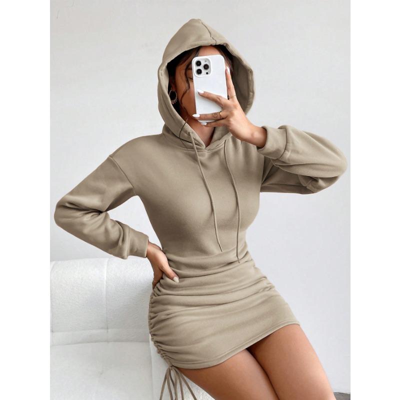 Women Fashion Side Drawstring Pleated Hooded Long Sleeve Sweatshirt Dress