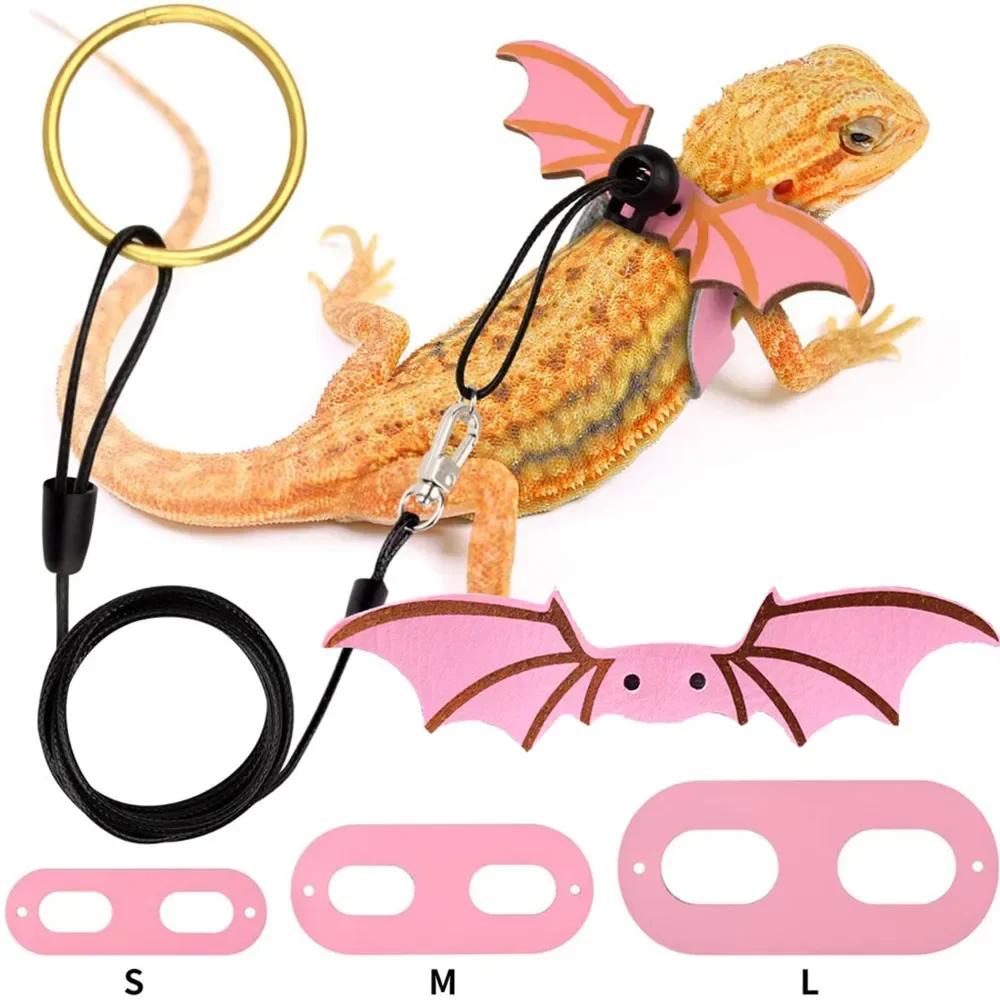 2024 New 3 Pcs Adjustable Bearded Dragon Leash With Bat Wings Soft Leather Lizard Harness For Amphibians And Other Small Reptile