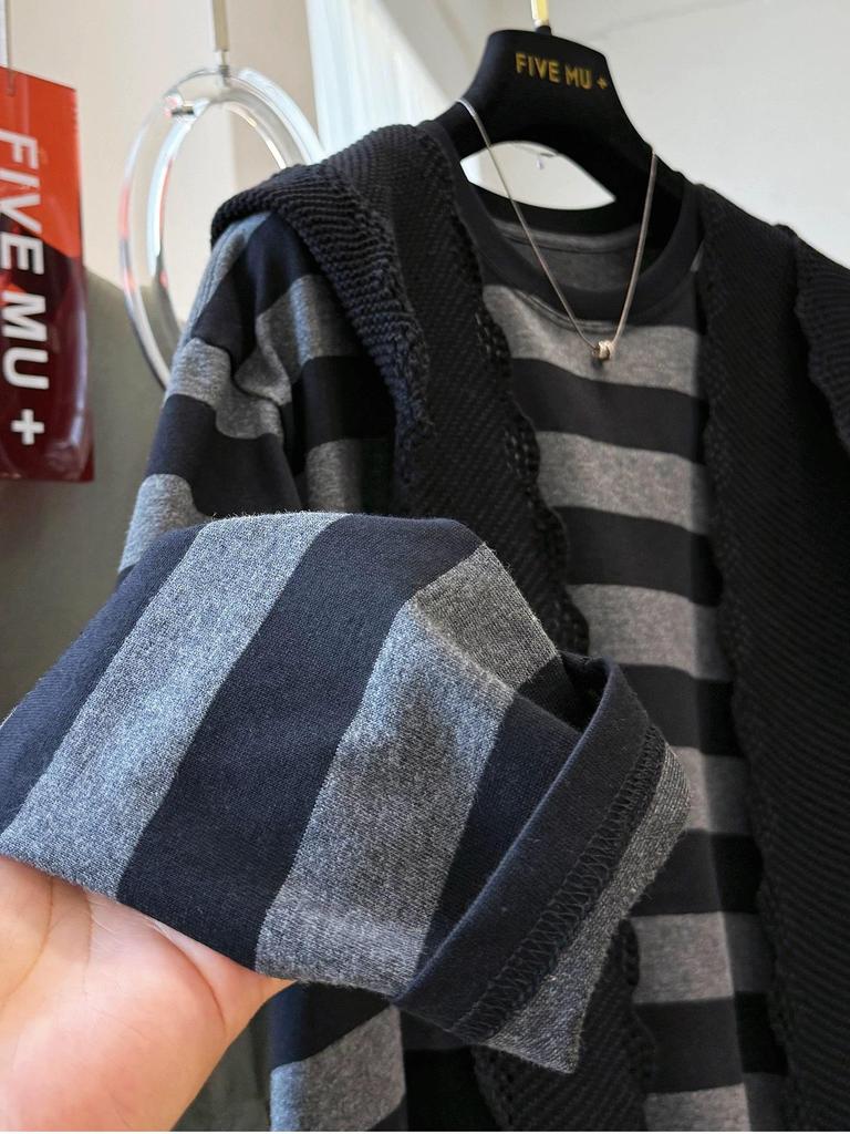 Korean-Style Striped Hooded Shawl T-Shirt: Trendy, Loose-Fit Autumn Top for Women