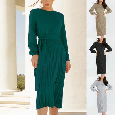 Women's Fashion Casual Solid Color Round Neck Long Sleeves Knitted Slim Fit Pleated Dress