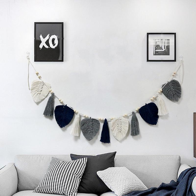 Бохо-листья макраме настенный гобелен хлопковая веревка ручная работа кисточка настенный — фото 4