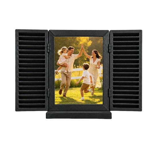 Key Holder with Hidden Storage Shelf, Mediterranean-Style Window Frame Photo Display Stand, Functional Entryway Organizer with Blinds Decor