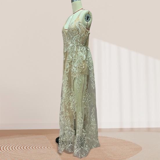 Women's Sexy Sparkly Mermaid Maxi Dress Sleeveless Deep V Neck High Slit Bodycon Dress Floral Lace Formal Evening Party Gown