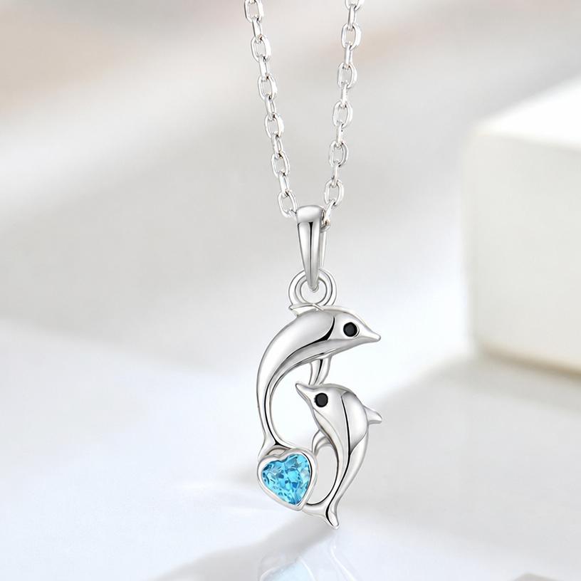 S925 Sterling Silver Vintage Twin Dolphin Heart Shaped Blue ZIRCON Charms Pendant Dainty Thin Chain Women Beach Vacation Gift