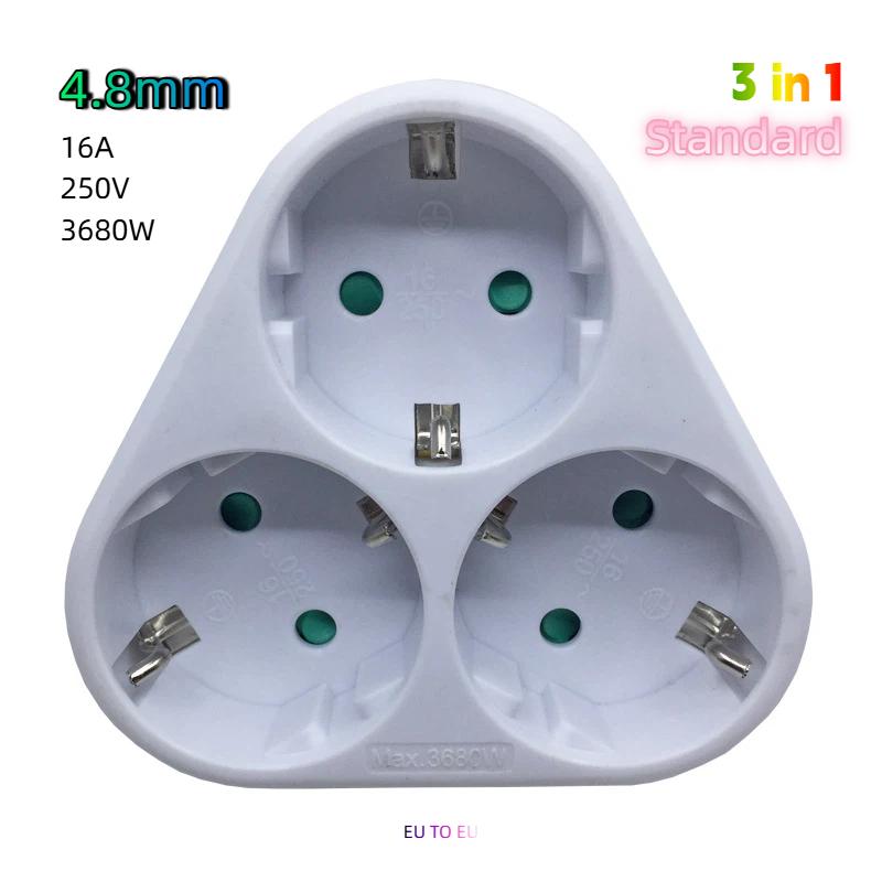 16A European Standard 3-in-1 Plug Adapter, German Type F Cordless Wall Outlet Expander with 4.8mm Pins Standard