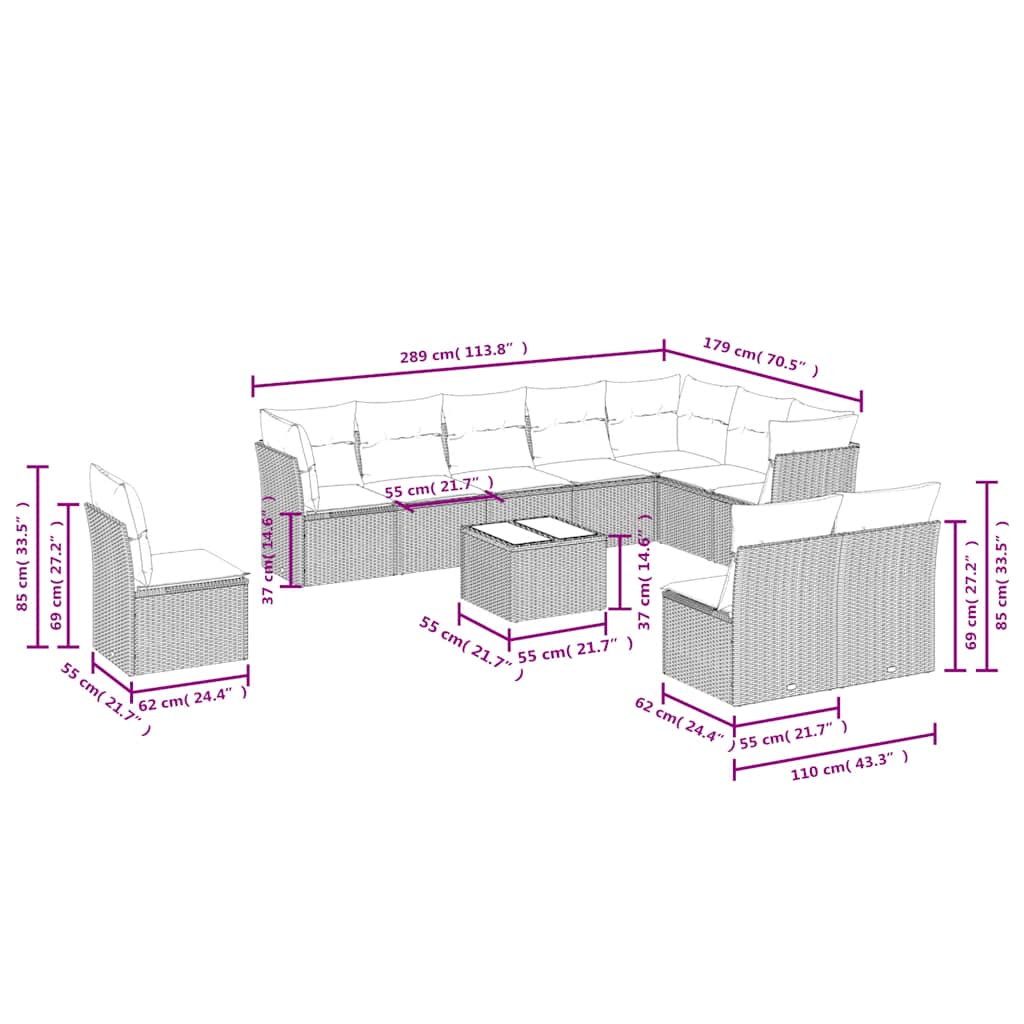 Vidaxl 11-Cz. Garden Furniture Set With Cushions, Grey Rattan Pe