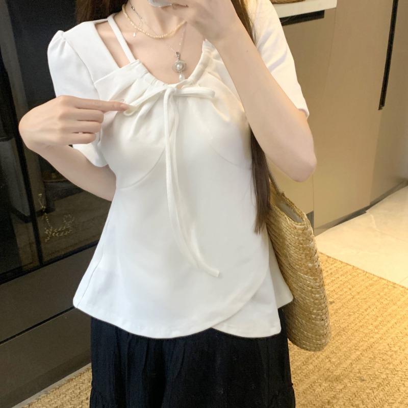 

Однотонная женская футболка с короткими рукавами, модные топы с короткими рукавами на шнуровке, одежда для женщин с нерегулярным полым дизайном XXL белый