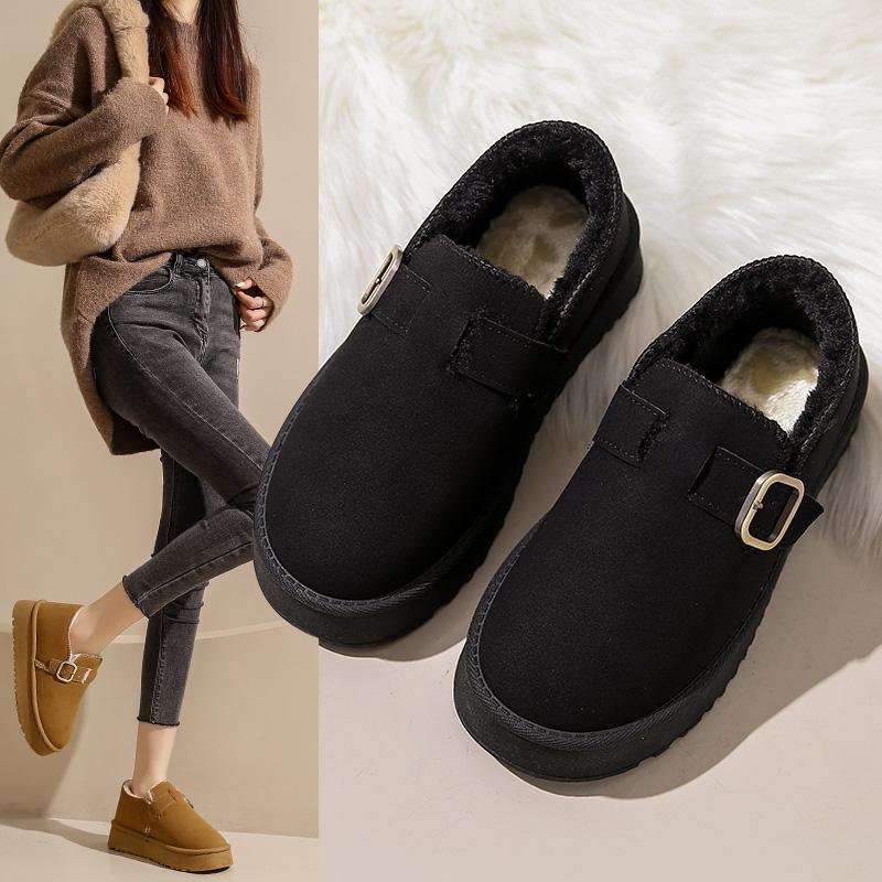 Fashion Women Suede Mules Platform Flats Boston 2024 Fashion Retro Outdoor Snow Boot Winter New Comfort House Shoe Plush Thick Cotton