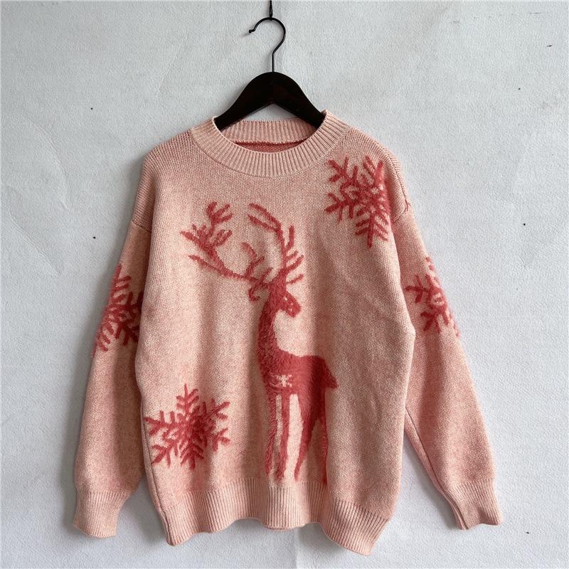 Autumn and Winter Round Neck Long Sleeved Christmas Sweater New Year Snowflake Deer Jacquard Knitted Pullover 3572