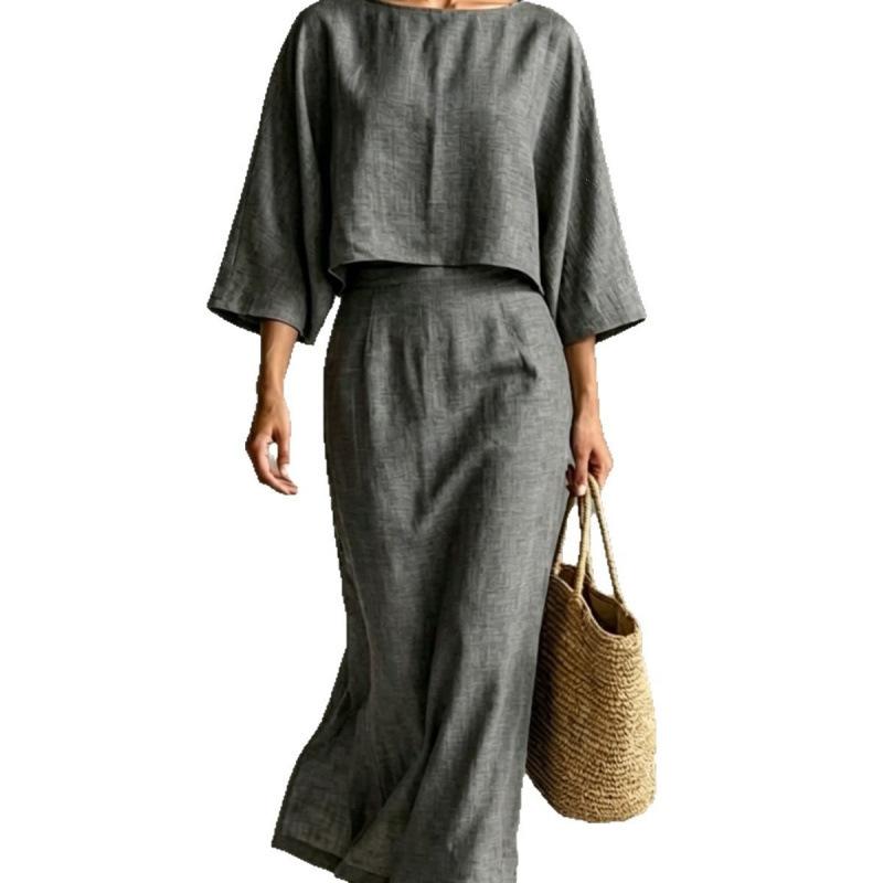 European and American Autumn New Elegant Women's High-waisted Midi Skirt Set, Round Neck Three-quarter Sleeve Loose Women's Top