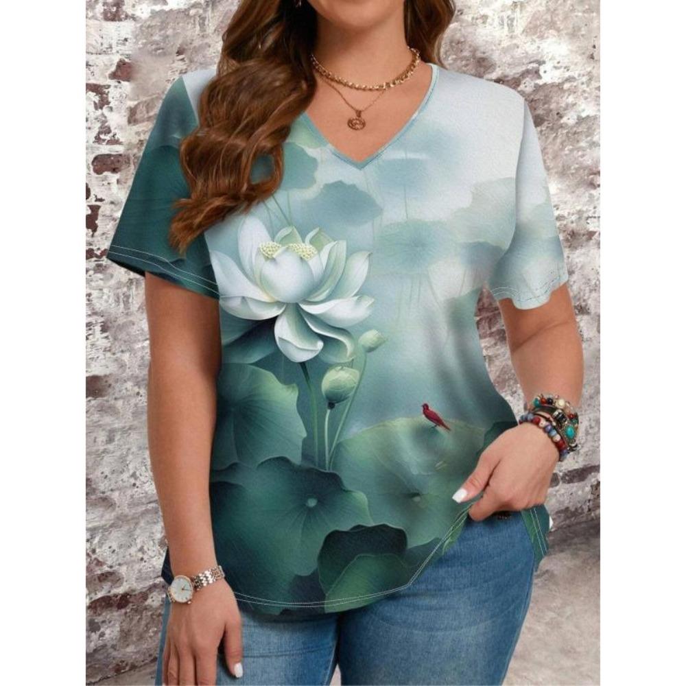 Women's T-shirt Flower Short-sleeved V-neck T-shirt Casual Top Street Wear