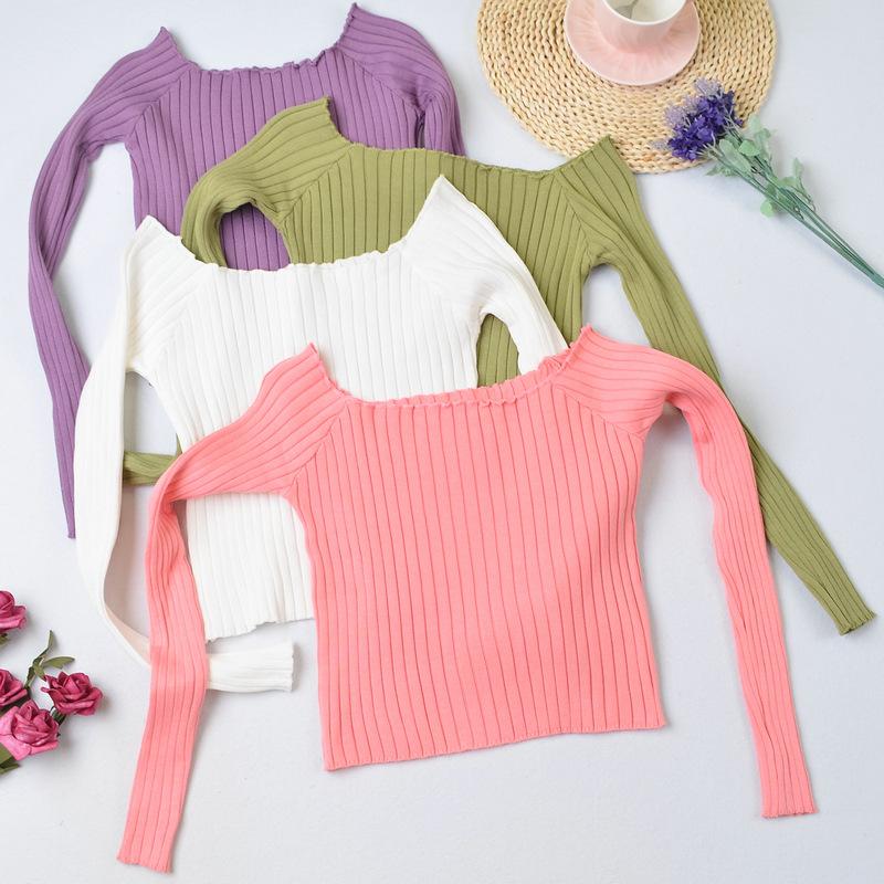 Autumn New Slim Fit Slimming One Shoulder T-shirt for Women Short Knit Sweater, Long Sleeved Top Sweaters