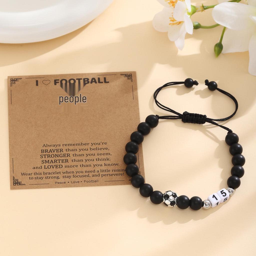 Men's Adjustable Black Matte Stone Beaded Bracelet - Football Number Birthday Gift