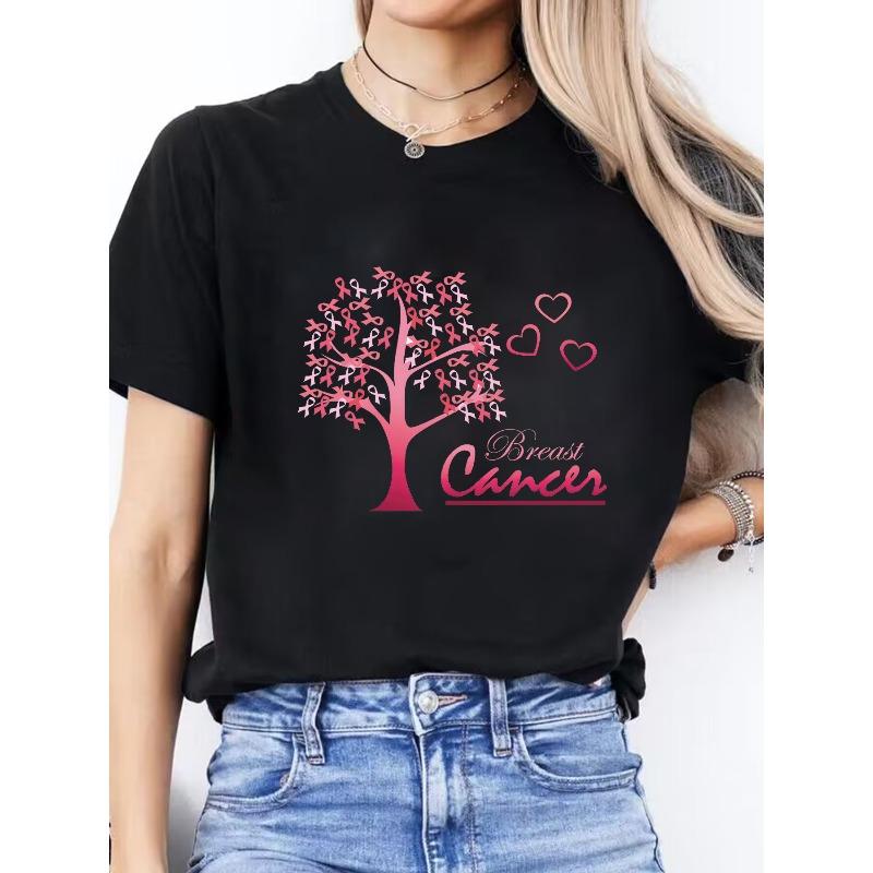 Pink October Letter Print Spring Summer Casual T-Shirt Round Neck Short Sleeve Sport T-Shirt Women's Top