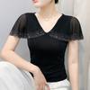 New European Women's T-Shirt Clothes Sexy V-Neck Chic Ruffles Hot Diamonds Tops Shirts Summer Short Sleeve Slim Mesh Tees