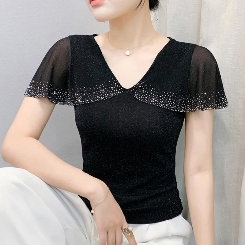 New European Women's T-Shirt Clothes Sexy V-Neck Chic Ruffles Hot Diamonds Tops Shirts Summer Short Sleeve Slim Mesh Tees