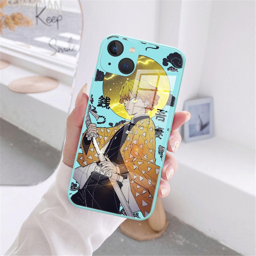 

Чехол для телефона Anime Demon Slayer Kimetsu No Yaiba для iPhone 11 12 13 Pro Max X XR XS MAX X 8 7 Plus, бледно-синий чехол из закаленного стекла iPhone 13Pro Max
