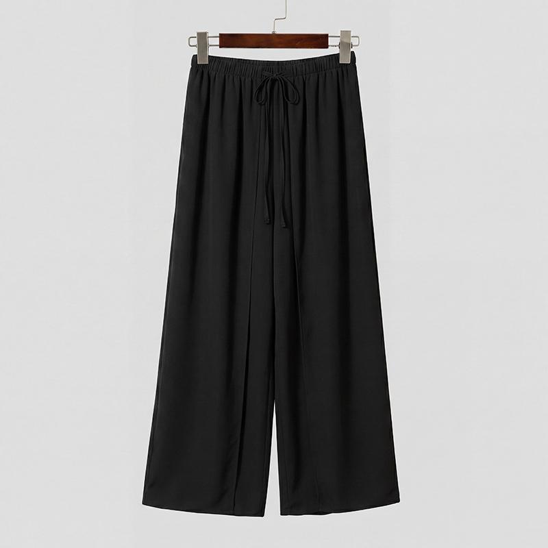 INCERUN Men's Sheer Overlay Split Trousers Casual Wide Leg Drawstring Beach Holiday Pants