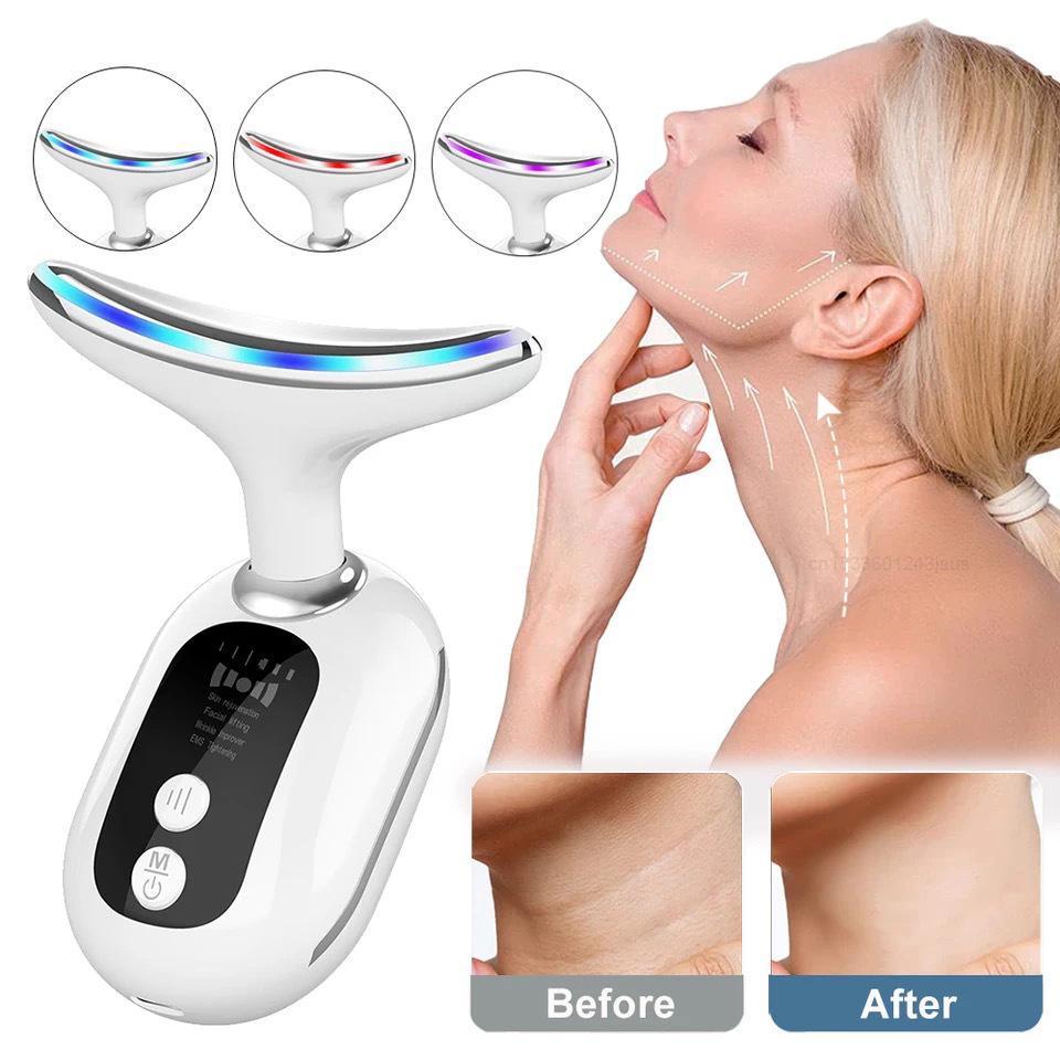 Beautiful EMS Microcurrent Neck & Face Lifting Device - Reduces Neck Lines & Nasolabial Folds, Enhances Firmness with Light Therapy.