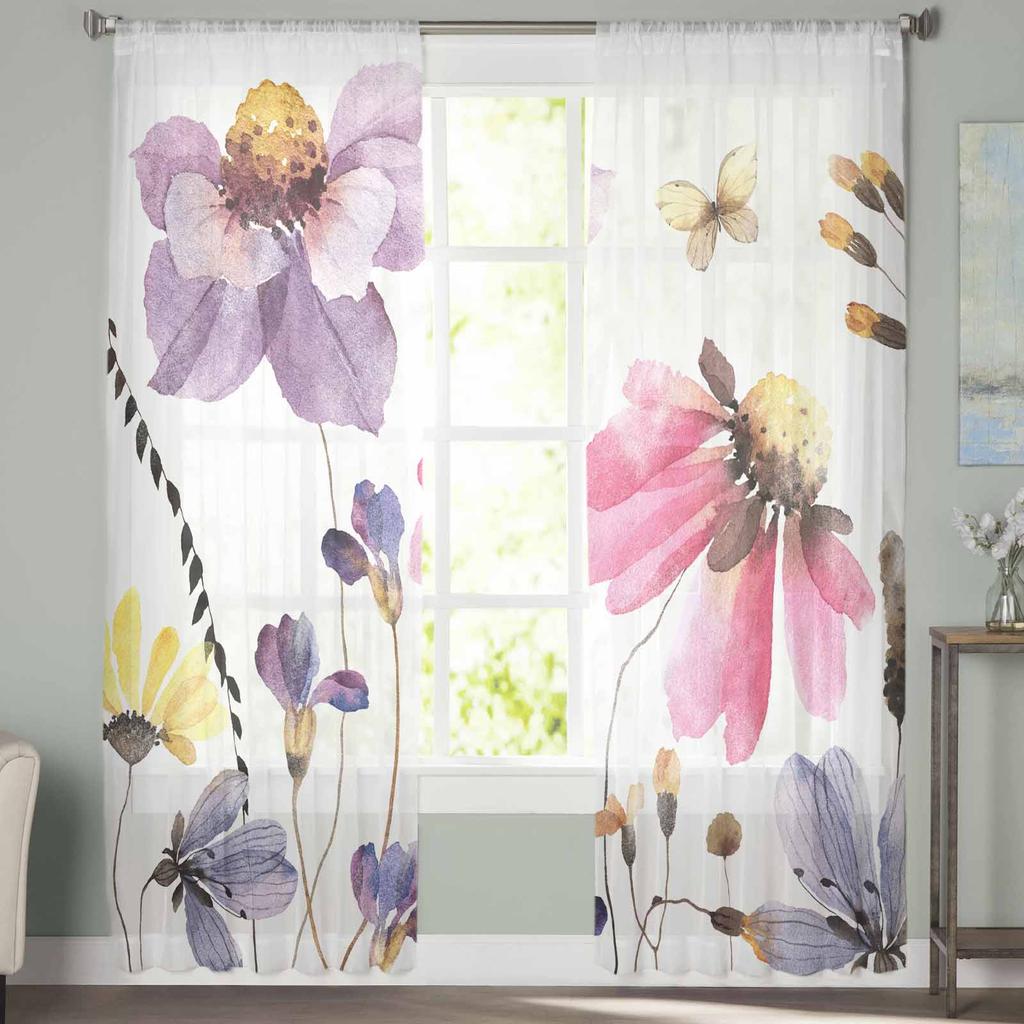 Sommerblumen Pflanzen Fliegende Schmetterlinge Ländlichen Pastoralen Stil Tüll Fenster Vorhänge Schlafzimmer Vorhänge in Wohnzimmer Chiffon Panele