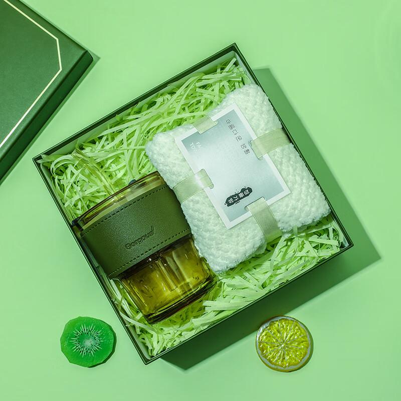 Olive Green Bamboo Glass Cup & Towel Gift Set