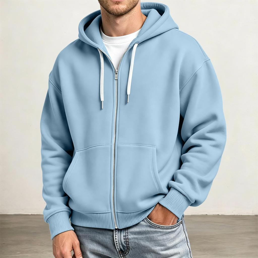 Men's Full Zip Hoodie Drop Shoulder Sleeves, Casual Long Sleeve Sweatshirt for Everyday Wear