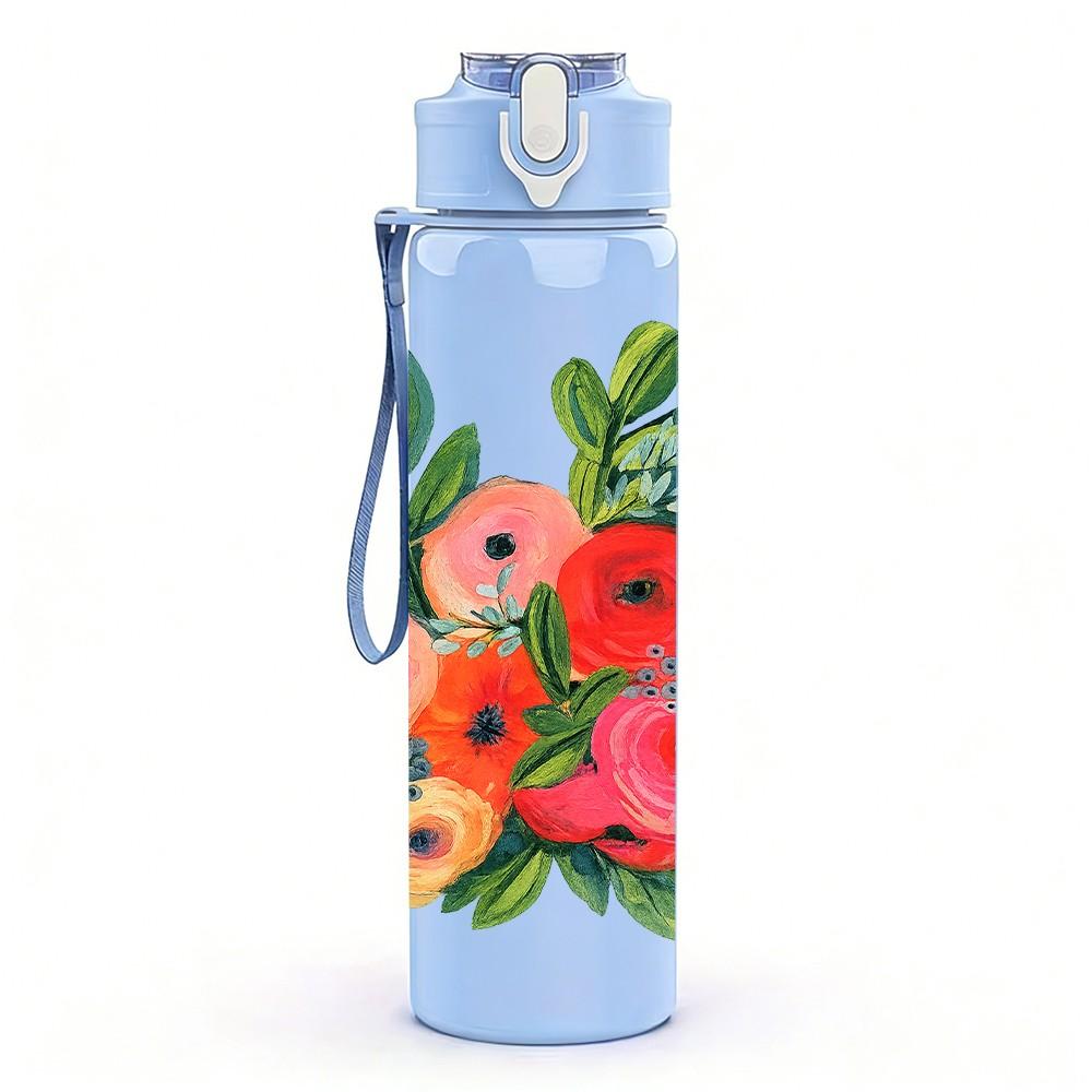 1PC Red Poppy Green Leaf Floral Print 750ml Color Plastic Sports Water Bottle Leakproof Flip Straw Lid Suitable for Sports Office Home Use