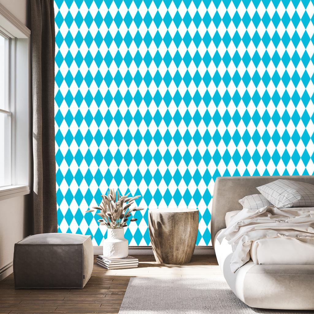 Harlequin Diamonds Wallpaper, Turquoise and White, Celadon Background, 50x1000