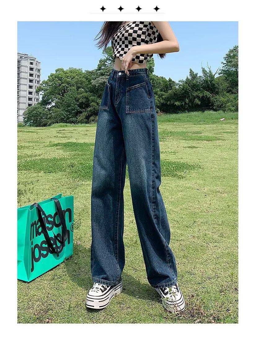 

Женские летние джинсы с высокой талией, облегающие, с широкими штанинами - ретро прямые, свободные и длиной до пола для фигуры типа груша . S синий