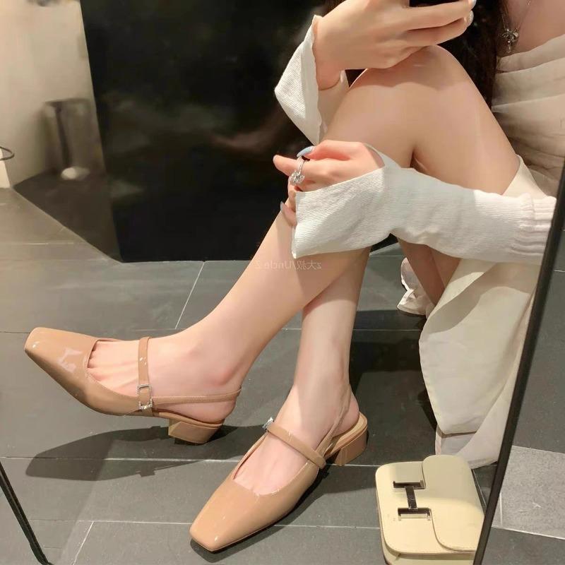 Nuove Sandali da Donna Baotou in Vernice con Cinturino a Fibbia a Linea Singola Tacco Gatto Sandali Donna Sexy Nero Seta Punta Sottile Tacco Alto Scarpe Piatte