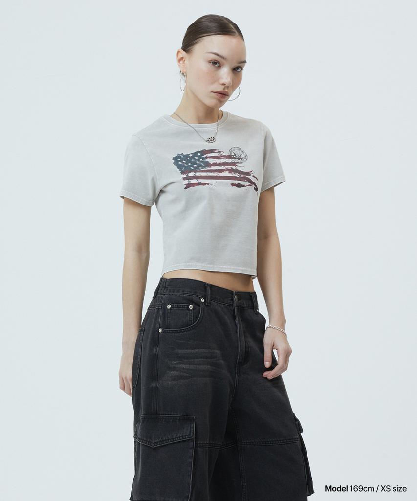 MAHAGRID Washed Flag Crop Tee Black(Mg2Gmft541A)