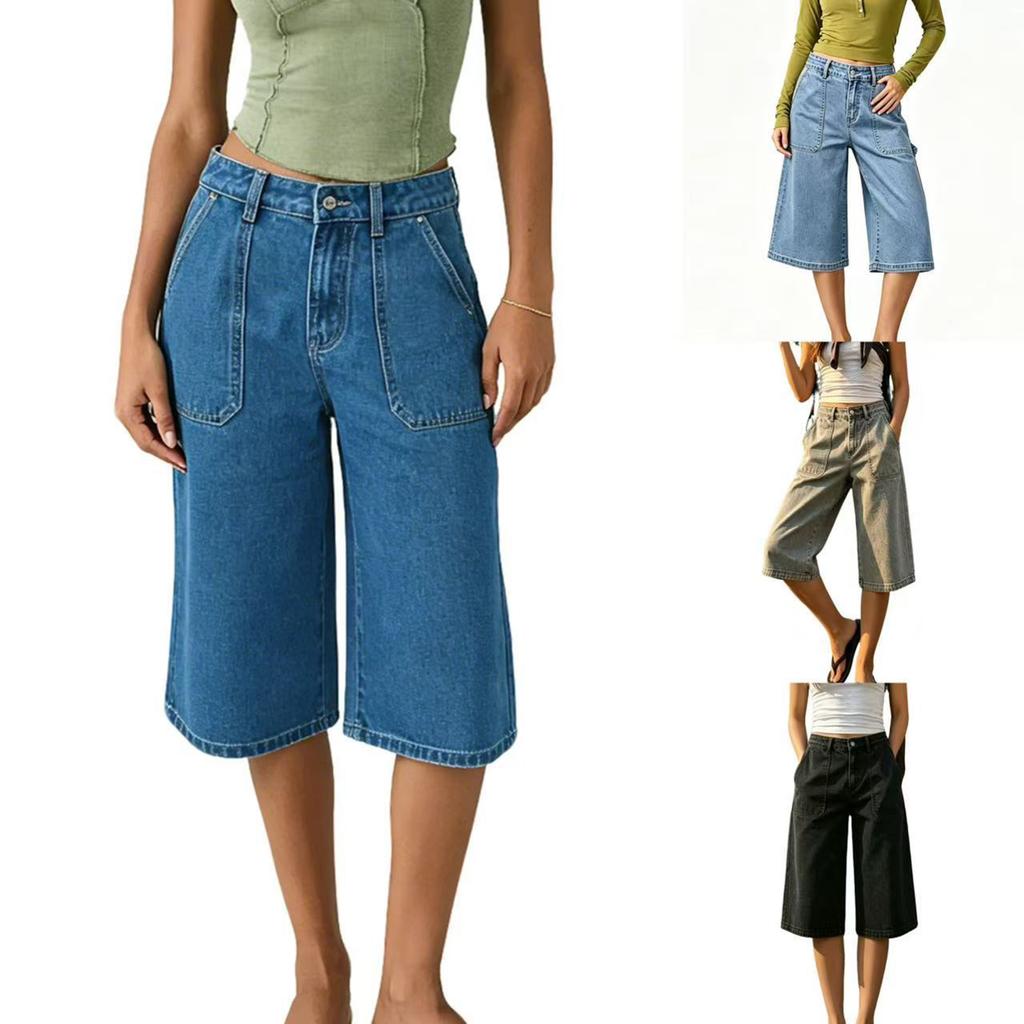 Women's High- Wide-Leg Cropped Jeans, Color Loose-Fit Straight-Cut Denim Pants
