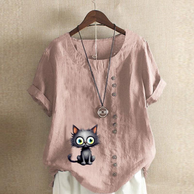 

Женская модная футболка с коротким рукавом и принтом милого кота, свободная хлопковая рубашка, повседневная свободная летняя блузка, топы больших размеров S розовый