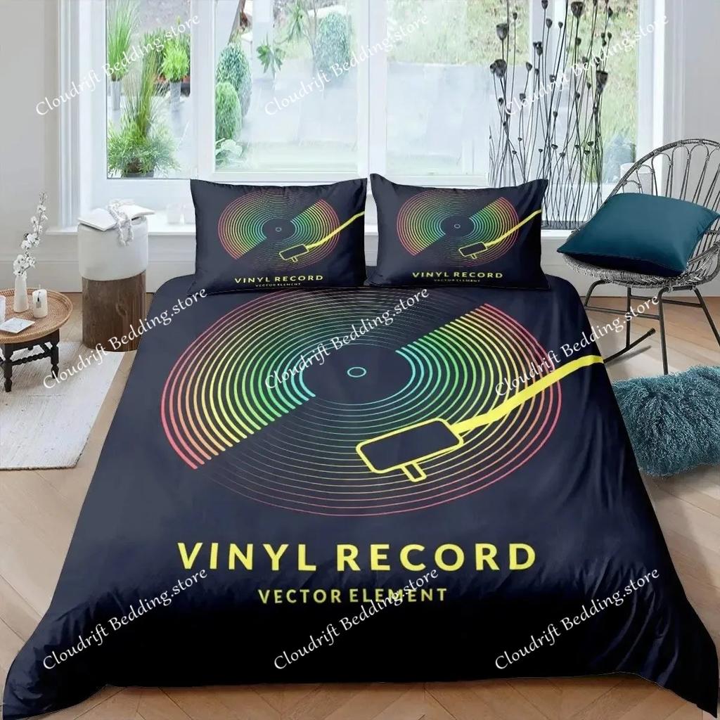 Musical Bedding Set Queen Size Music Theme Bedding Duvet Cover Set for Boys Decor Disc Comforter Cover Set Record Quilt Cover