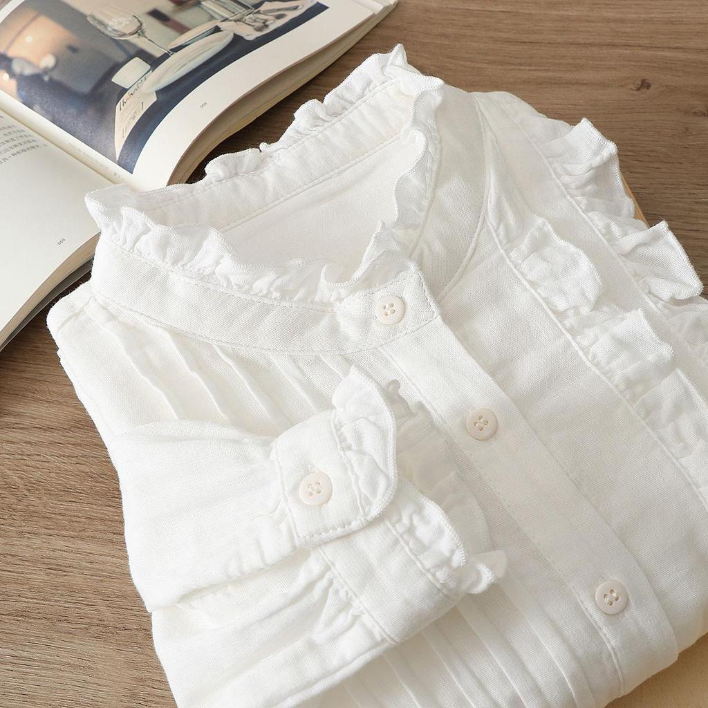 Japanese Stand Collar Double-Layer Cotton Gauze Women's Long-Sleeve Shirt - Loose, Versatile, Slimming Design