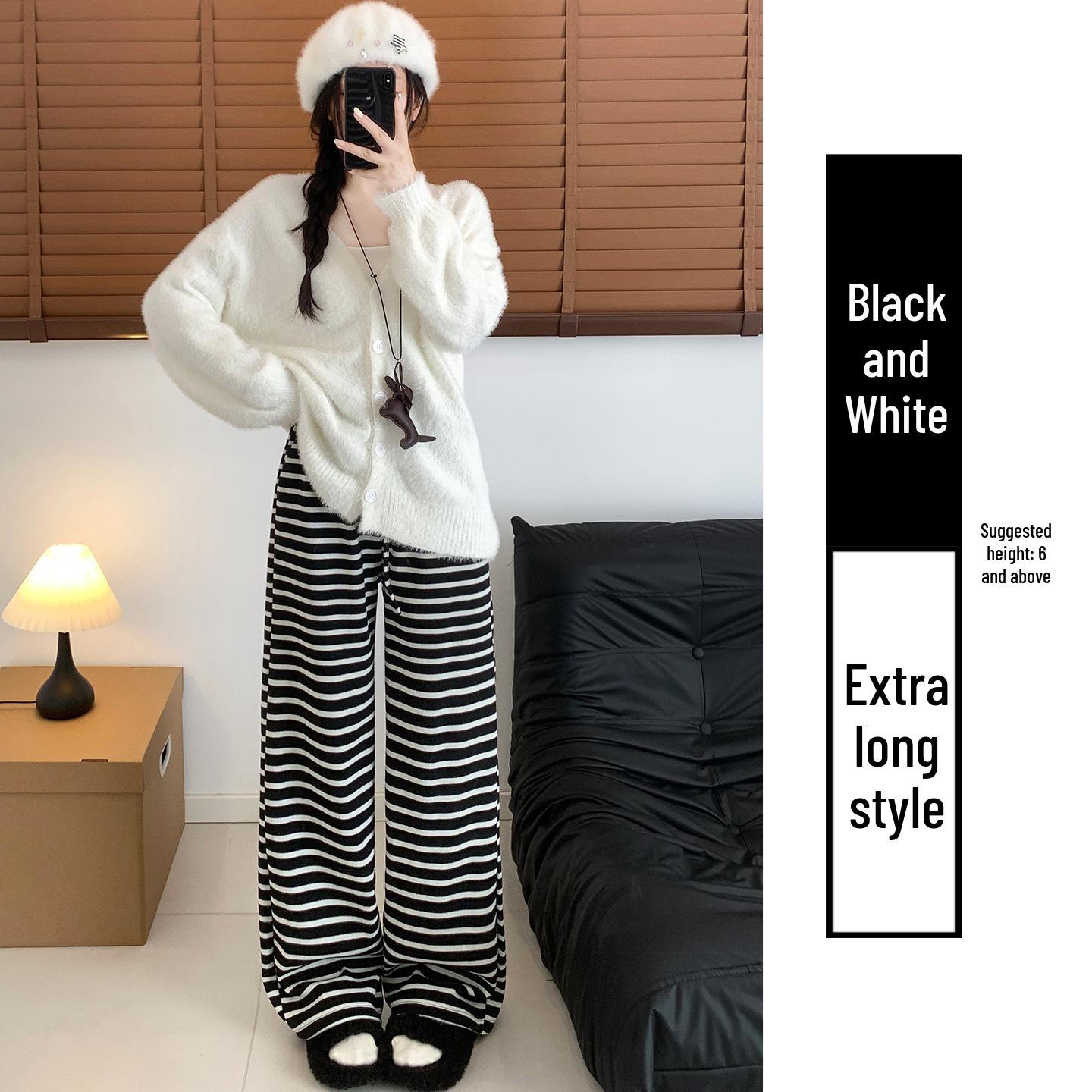 

Ash-Black Plush Wide-Leg Women s Pants - High-Waisted, Thick, Draped, Stripe Detail - Autumn/Winter 2025 Collection Extra Large