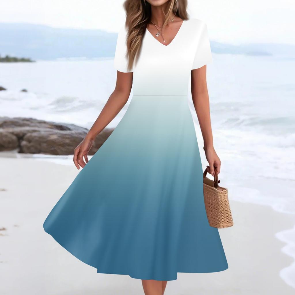 Damen Sommer Freizeitmode Druck Tasche Kurzarm V-Ausschnitt Schwingkleid