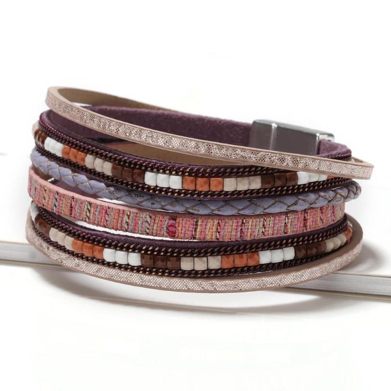 1Pc Bohemian Hand-Woven Leather Bracelet with Alloy Magnetic Clasp - Fashionable Women's Accessory