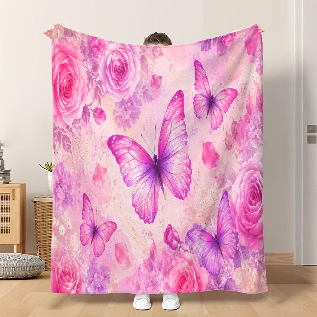 Fflannel Blanket 1pc Butterflies with Pink Flowers Soft Comfortable and Warm This Nap Blanket/sofa Blanket Is Suitable for All Sea