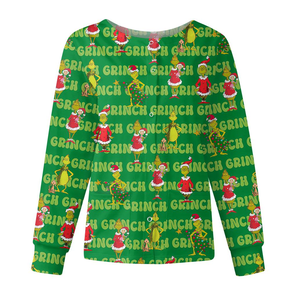 Women's Casual Fashion Long Sleeve Standing Collar Single Breasted Christmas Print Workwear Jacket Tops