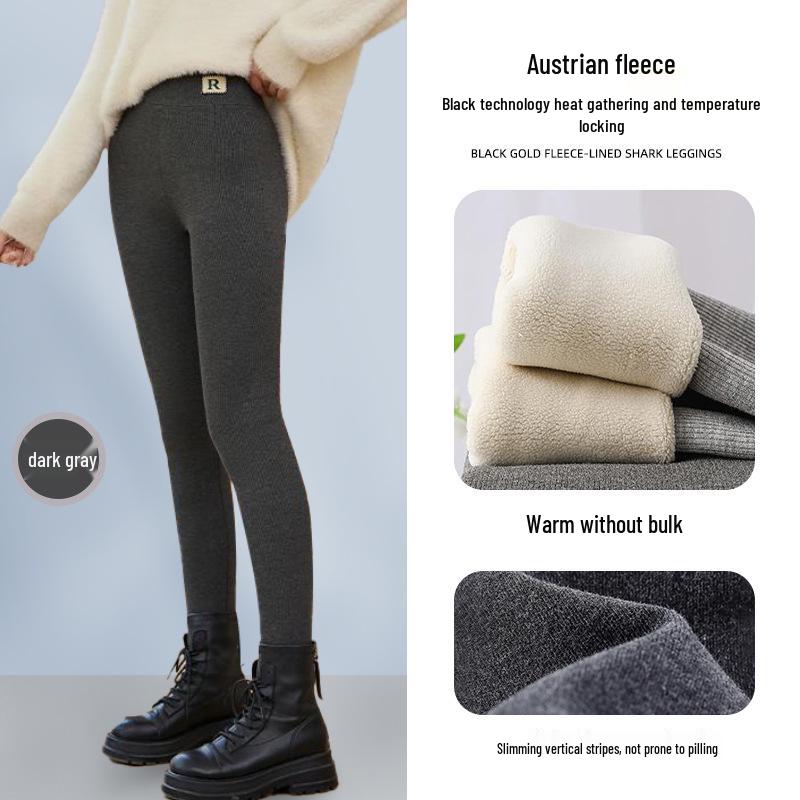Women's High Waist Fleece-Lined Ribbed Leggings - Warm, Comfortable, Cotton, for Autumn and Winter Wear, Nine-Point Length.