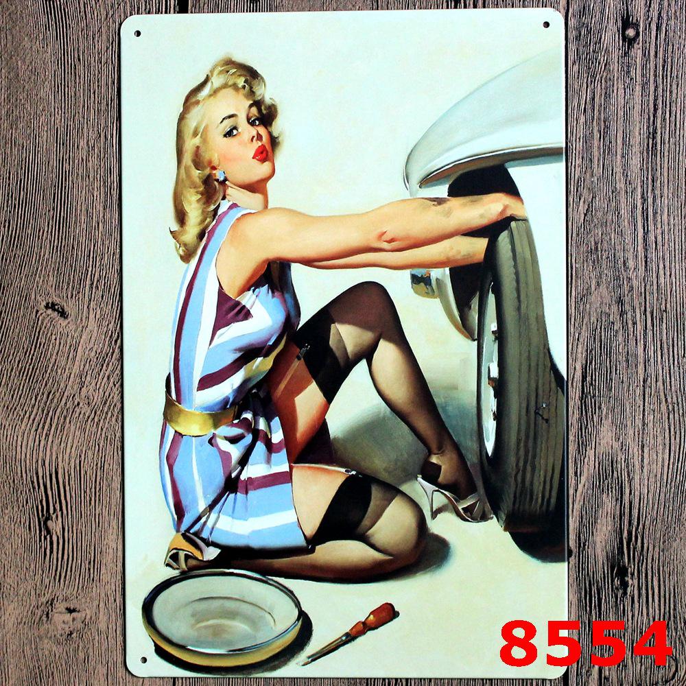 Tilpasset Retro Pin-up Jente Bilverksted Blikkskilt
