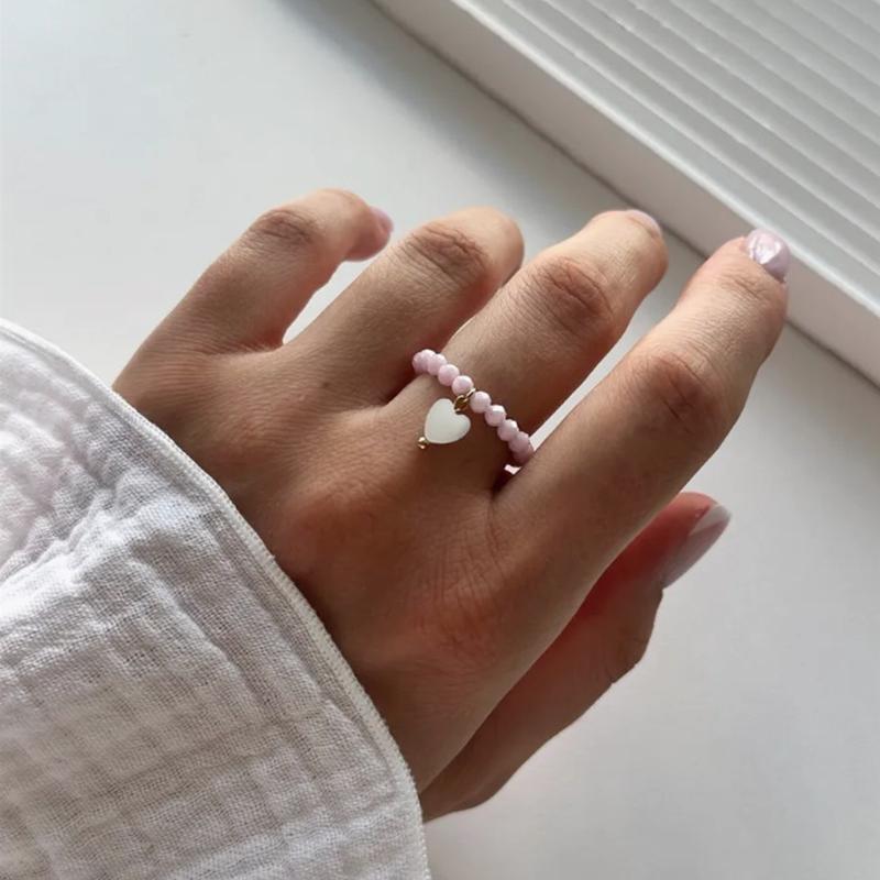 Vintage Šňůra korálků Elastická šňůra Přívěsek ve tvaru srdce ze skořápky Prsteny pro ženy Elegantní prsteny s kulatými korálky Šperkový dárek