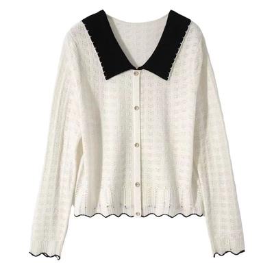 Kontrastierendes Basis-Shirt für Damen Frühling Langärmlig Dünner Schnitt Ajourmuster Strickoberteil