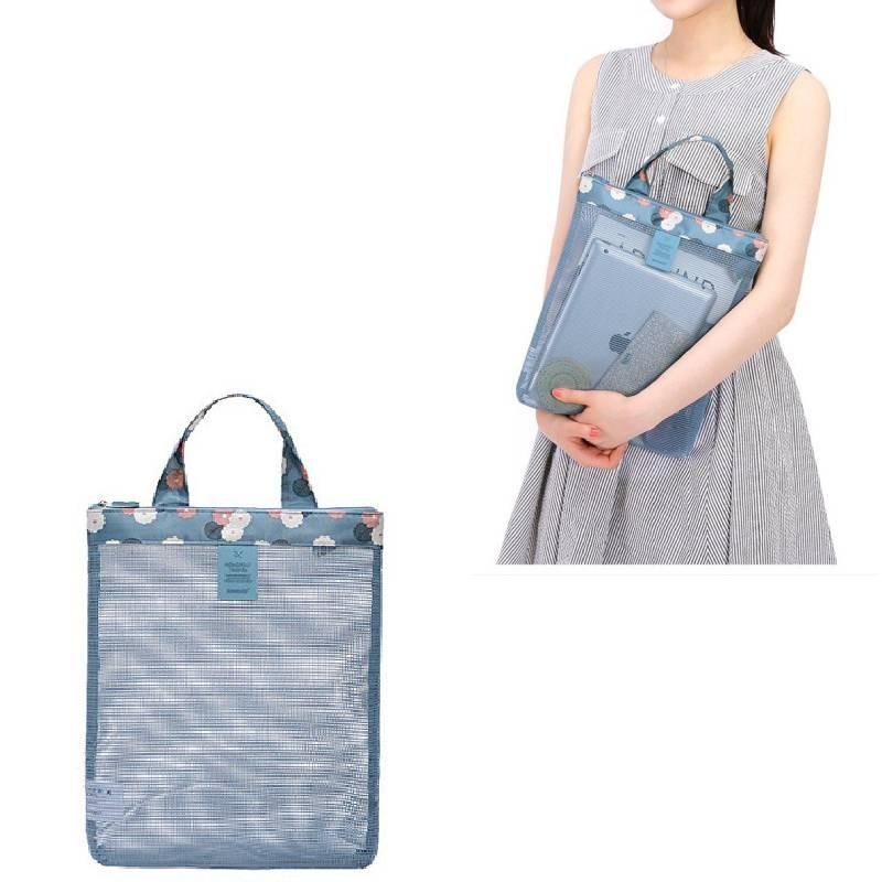 Zomerse strandtas met mesh opbergruimte, reistas van Oxford-stof, multifunctioneel, modern, minimalistisch, blauw met bloemenprint
